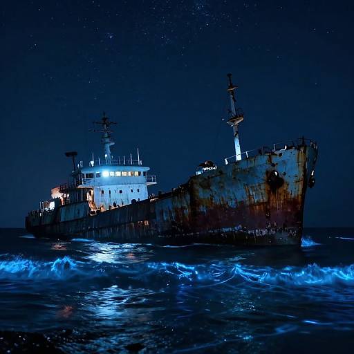 Photograph of a rusted, illuminated, abandoned ship sailing through dark, starry ocean waters at night, creating vibrant blue waves.