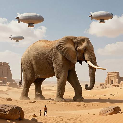 Photorealistic CGI: Giant elephant with curved tusks in desert, three airships above, two small humans in foreground, ancient ruins in background.