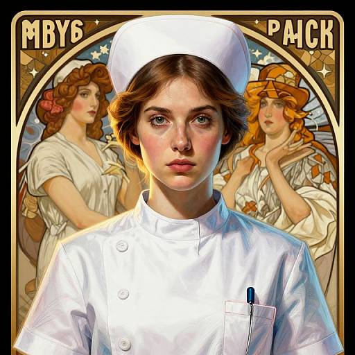 Digital art: Front-centered young female chef with white hat and uniform, flanked by two classical-style women, vibrant colors, 