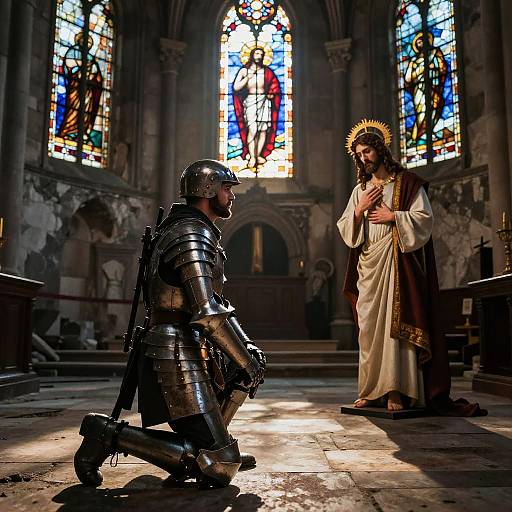 Soldier and Jesus in Ruined Church
