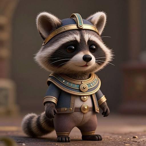 CGI image of a cute, anthropomorphic raccoon wearing ancient Egyptian-style armor with a blue headpiece and green and gold accents, standing on a