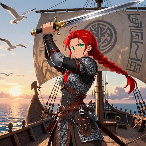 Digital art of a red-haired, green-eyed warrior woman with braid, holding sword on ship at sunset, seagulls flying, ship sails marked