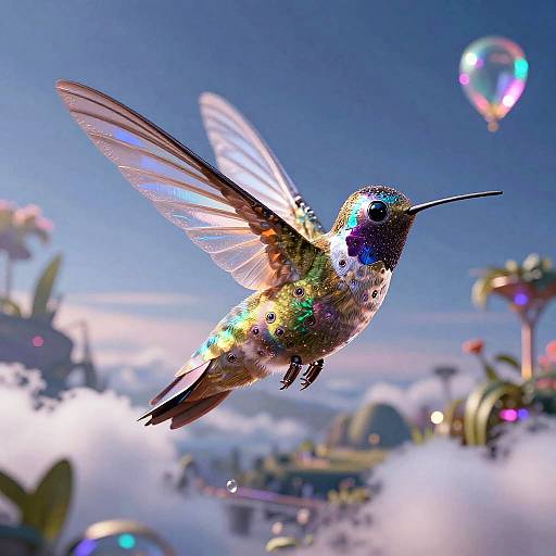 Futuristic Cyborg Hummingbird in Neon Sky
