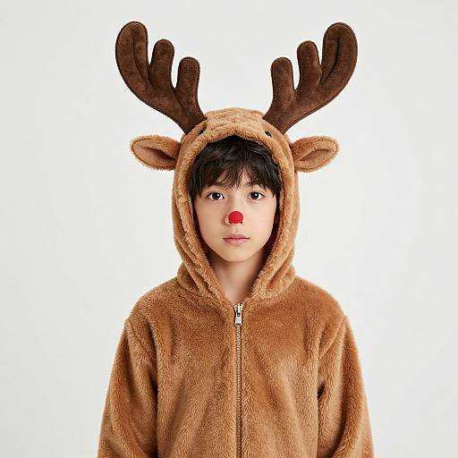Photograph of a young boy with fair skin, dark hair, and wide eyes, wearing a brown reindeer hooded fleece with antlers and a