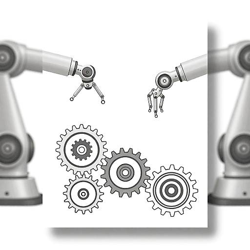 Digital illustration of black-and-white mechanical gears and cogs with two robotic arms in gray on a white background.