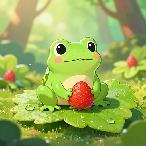 Cute Frog on Strawberry Leaf