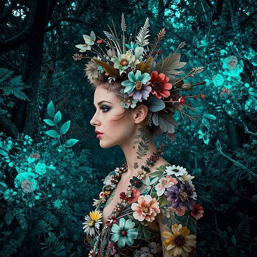 Photograph-style digital artwork of a fair-skinned woman with intricate floral crown and dress, set against a dark forest with glowing blue flowers.