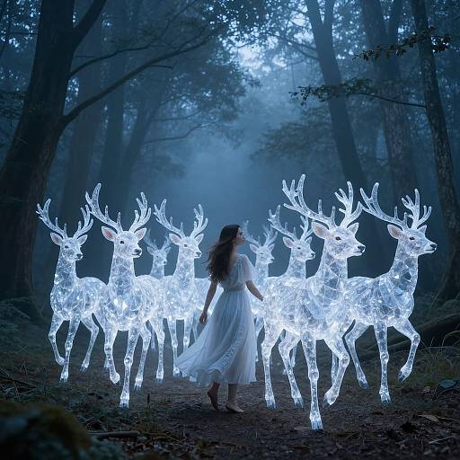 Photograph of a woman in a flowing white dress standing in a misty forest, surrounded by glowing, illuminated reindeer decorations.