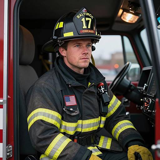 Firefighter in Truck with Warm Lighting