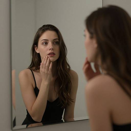 Photograph of a young woman with long brown hair, wearing a black spaghetti-strap top, standing in front of a mirror, touching her cheek thought