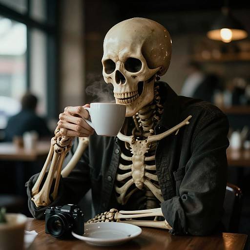 Photograph of a skeletal figure in a black shirt, holding a white cup, sitting at a café table with a camera.