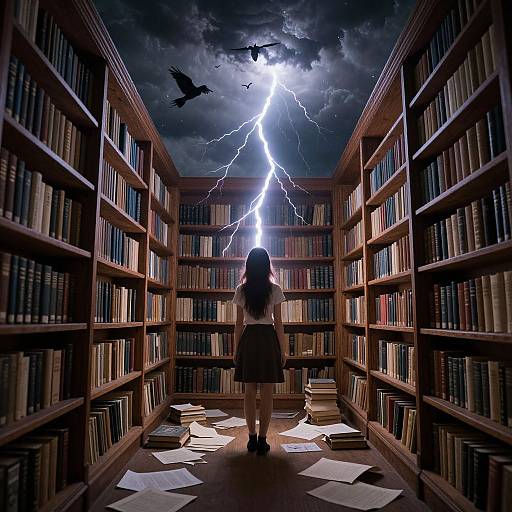 Digital artwork: A lone woman in a black skirt and white top stands in a library aisle, facing a dramatic lightning bolt between bookshelves, with