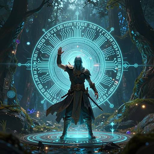 Digital art: Silhouetted fantasy warrior with glowing blue magical circle, forest backdrop, illuminated runes, illuminated trees, mystical glowing orbs, illuminated water