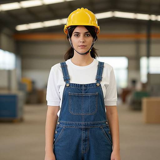 Photograph of a young woman with dark hair in a yellow hard hat, white shirt, and blue denim overalls, standing in a blurred industrial warehouse