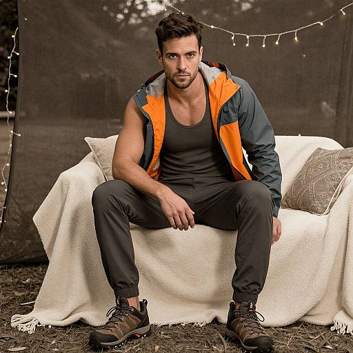 Photograph of a muscular, bearded man with short brown hair, wearing an orange and blue jacket over a black tank top, black pants, and