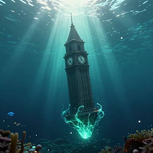 Photograph of the Big Ben clock tower underwater, surrounded by glowing blue-green energy, with sunlight beams illuminating it from above. Coral reefs in the