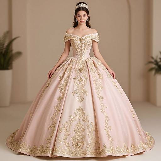 Elegant Pink Ball Gown with Gold Embroidery
