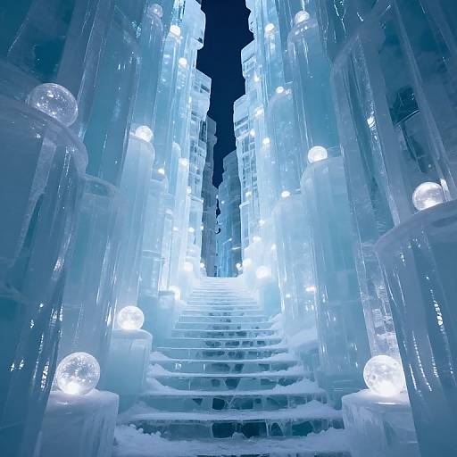 Photograph of an icy, illuminated staircase with glowing orbs, surrounded by towering, translucent ice structures, creating a surreal, ethereal winter scene.