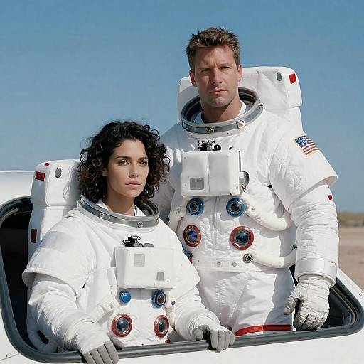Astronaut Couple in Vehicle, Blue Sky