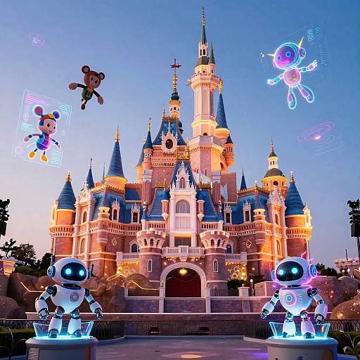 Photograph of a brightly lit, colorful Disney castle at dusk, featuring glowing, cartoon robots and holographic Minnie Mouse and Pluto in the sky.