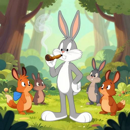 Cartoon image of a white rabbit smoking a carrot, standing in a sunlit forest with four brown-furred rabbits looking at him. Bright colors,