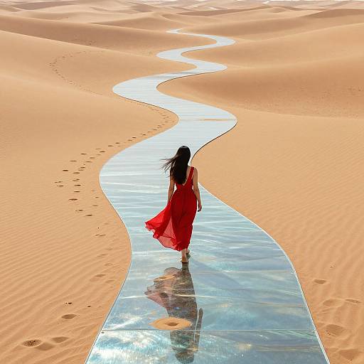 Woman in red dress walks along shimmering blue water path through golden sand dunes, leaving footprints in the sand. Digital artwork.