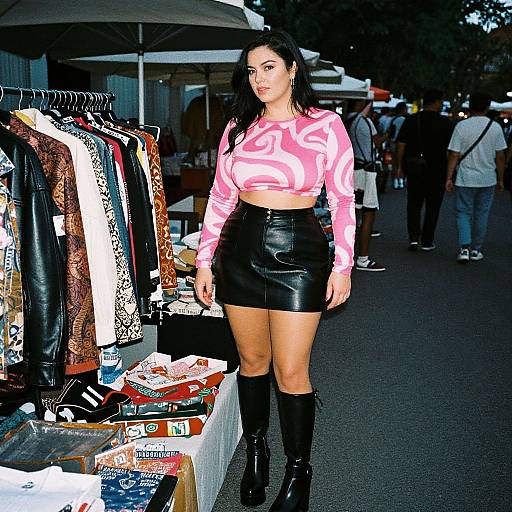 Photograph of a curvy woman with dark hair, wearing a pink, white abstract crop top, black leather skirt, and knee-high boots, standing