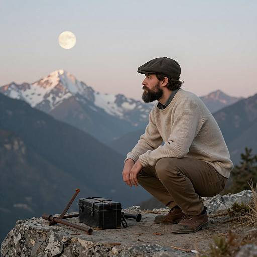 Crouching Man in Mountainous Landscape
