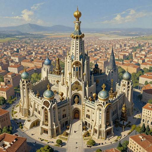 Aerial photograph of an ornate, light beige cathedral with gold domes and blue-tinted roofs, surrounded by red-tiled rooftops and