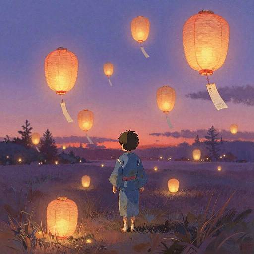 Child in Twilight Field with Glowing Lanterns
