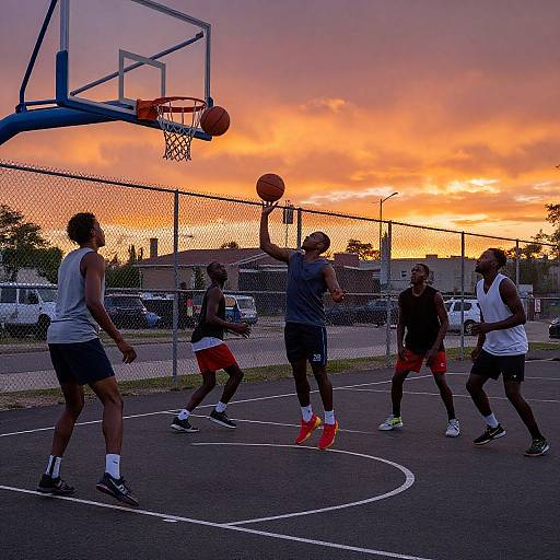 Photograph of five Black men playing basketball at sunset, wearing tank tops and shorts, shooting a basketball near a chain-link fence, with an orange sky