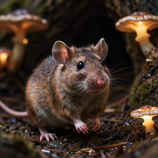 Photograph of a brown, fluffy mouse with pink ears and nose, standing on moss-covered forest floor, surrounded by glowing yellow-orange mushrooms in dim,