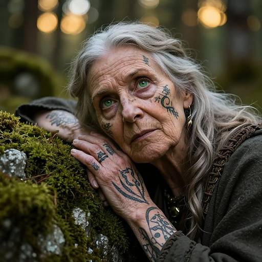 Photograph of a tattooed, elderly woman with long gray hair, green eyes, and dark makeup, resting her head on a moss-covered stone,