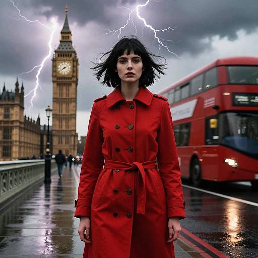 Photograph of a serious woman with black hair in a red coat, standing in front of Big Ben during a storm with lightning, a red double-de