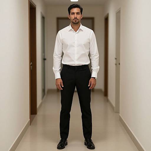Photograph of a serious-looking Indian man with short black hair and beard, wearing a white dress shirt, black pants, and black shoes, standing in