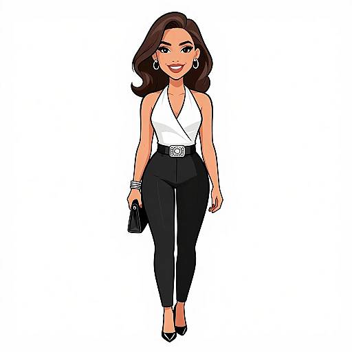 Digital illustration of a smiling woman with wavy brown hair, wearing a white halter top, black pants, black heels, and carrying a black clutch