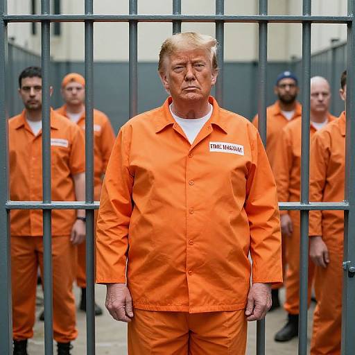 Photograph of Donald Trump in an orange prison jumpsuit standing behind metal bars, flanked by four other inmates in similar attire.