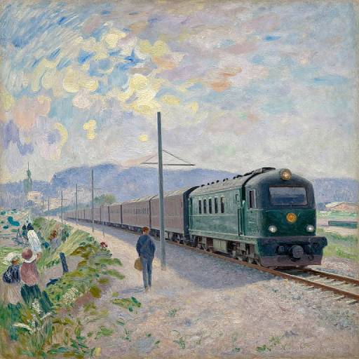 Impressionist-style painting of a green train arriving at a rural station, with people in the foreground and a colorful, swirling sky backdrop.