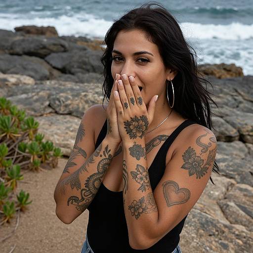 Tattooed Woman at Rocky Ocean Beach