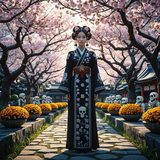 Female Android High Priestess in Cherry Blossom Garden
