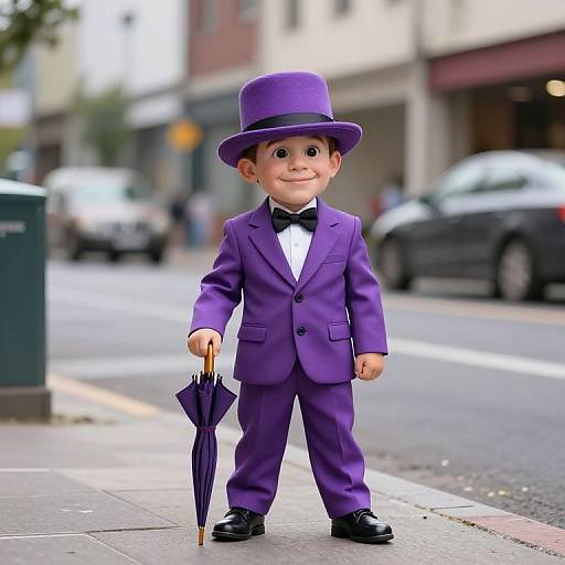 Photograph of a smiling toddler in a purple suit, bow tie, and top hat, holding a closed purple umbrella, standing on a city street.