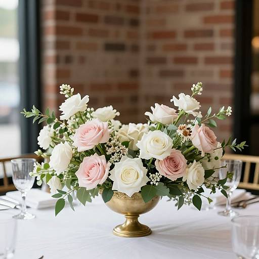 Photograph of a elegant floral arrangement with pink and white roses, white baby's breath, and greenery in a gold vase on a white tablecloth