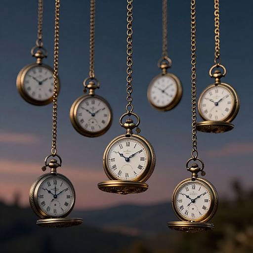 Photograph of eight vintage pocket watches with white faces and black numbers, hanging by chains against a twilight sky.