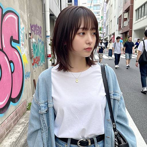 Asian woman with short black hair, white top, denim jacket, and black belt, standing in a graffiti-covered urban street. Photograph.
