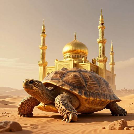Photorealistic CGI: A large, detailed turtle with textured shell walks in front of a golden, domed mosque with minarets in a sun