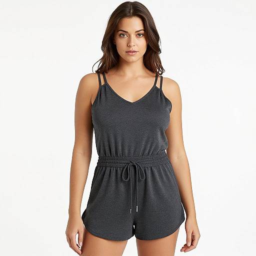 Photograph of a young woman with medium-length dark brown hair, wearing a dark blue, sleeveless romper with thin straps and a tied waist,