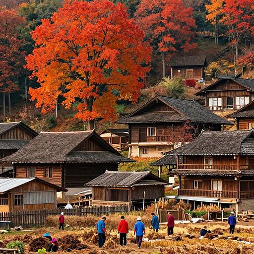 Photograph of a rural village with traditional wooden houses, vibrant red-orange autumn tree, and people in colorful jackets harvesting hay.