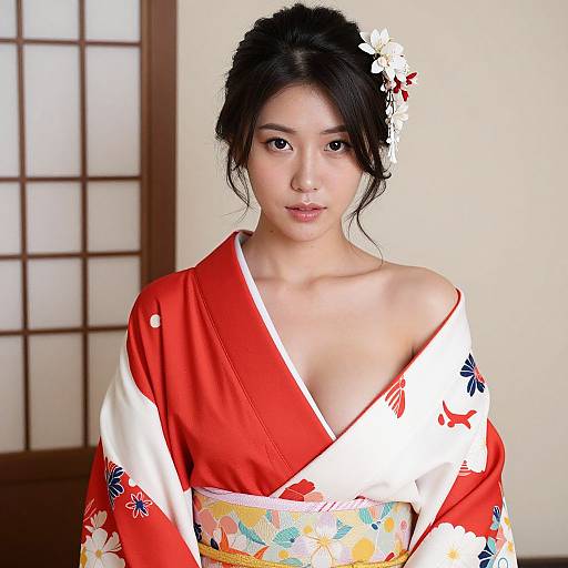 Photograph of an Asian woman with fair skin, black hair in a floral hairpin, wearing a red and white floral kimono, standing against a