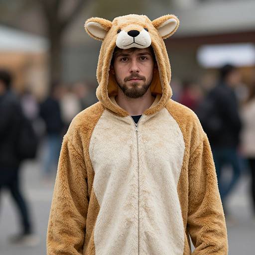 Photograph of a bearded man wearing a brown and white teddy bear hooded costume, standing in a blurred urban street scene.