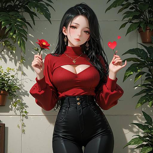 Young Woman in Red Sweater Holding Flowers